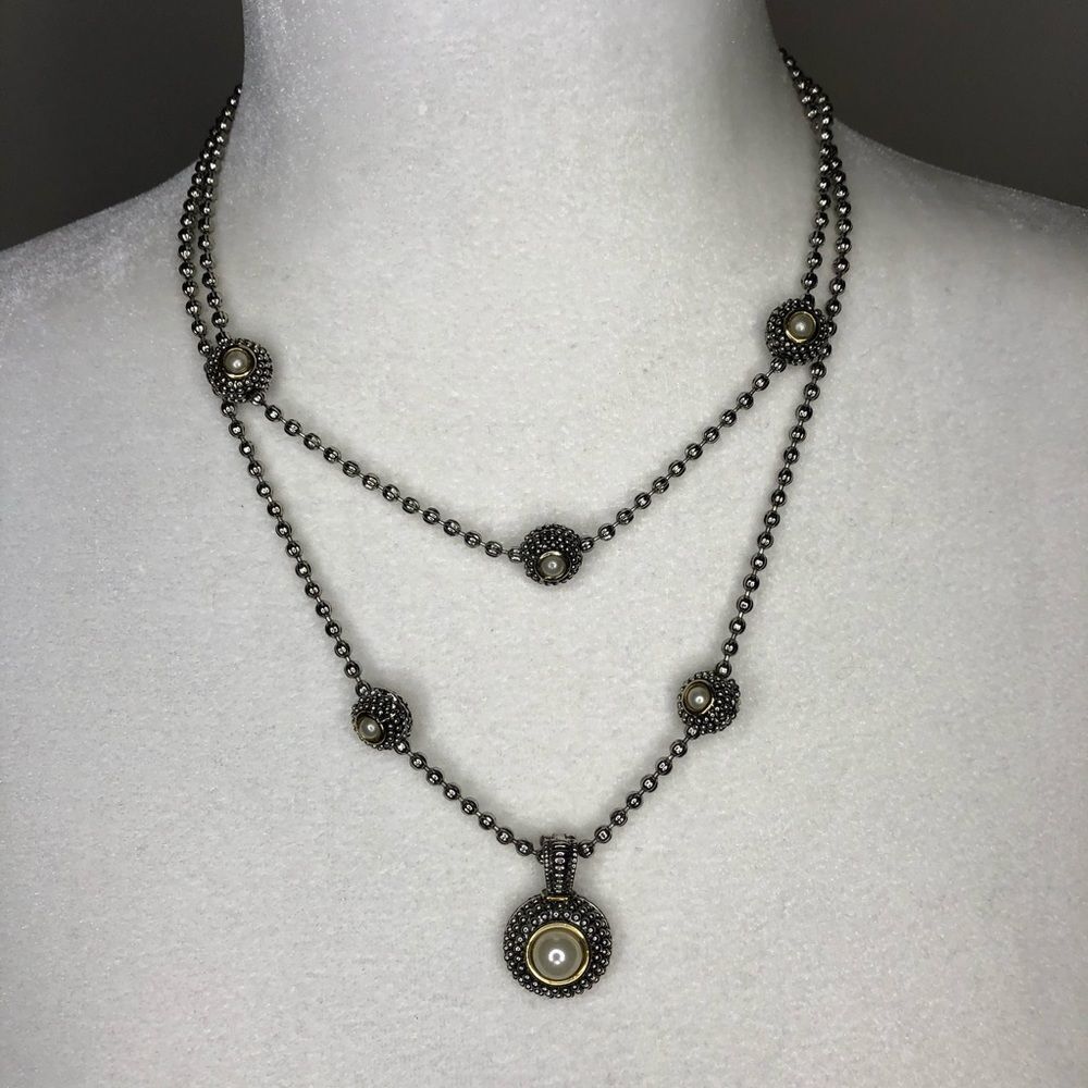 Two layer Silver Tone Chain with Pearl Accent